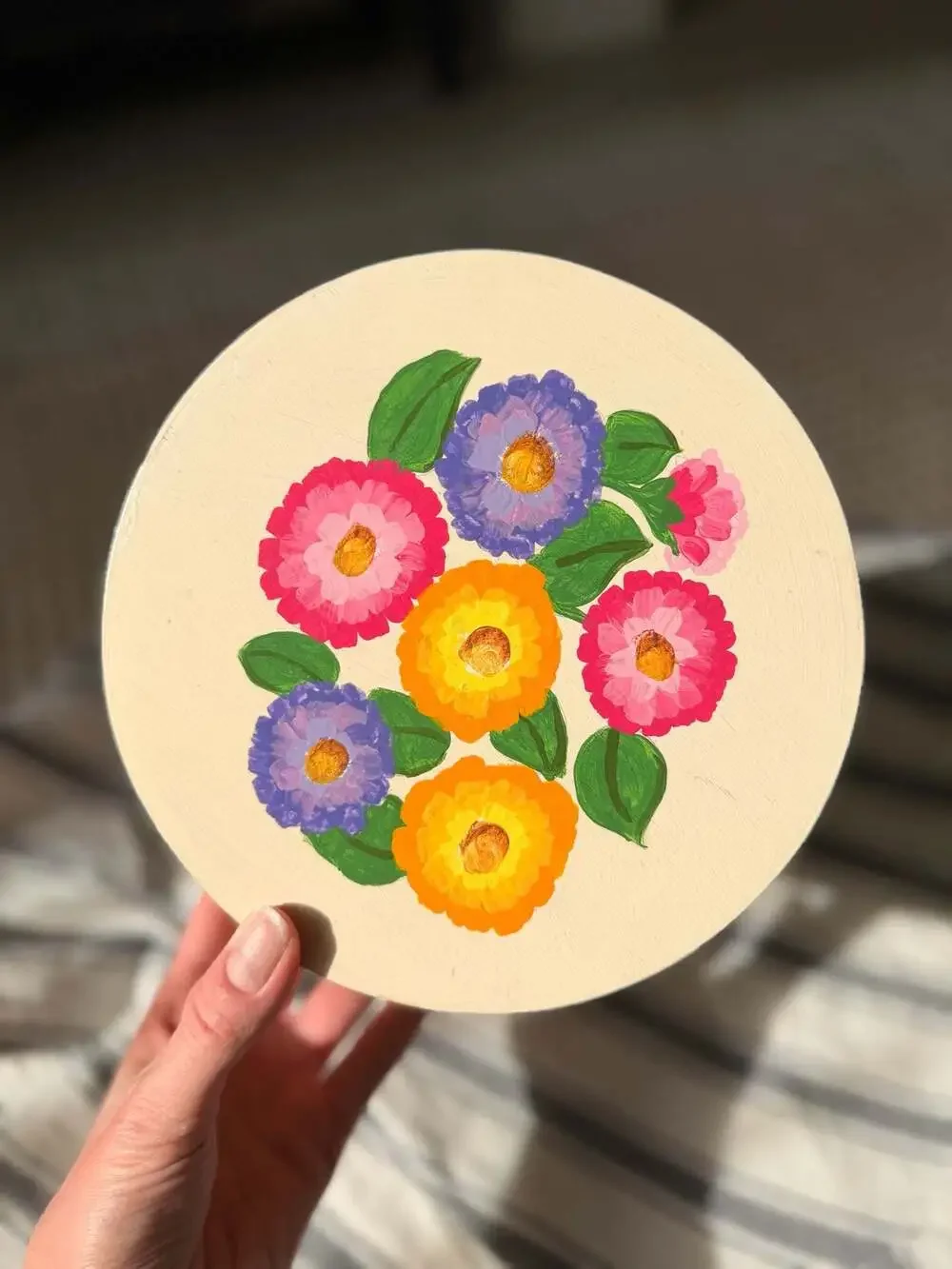 Hand-Painted Round Wooden Storage Box with Floral Motif